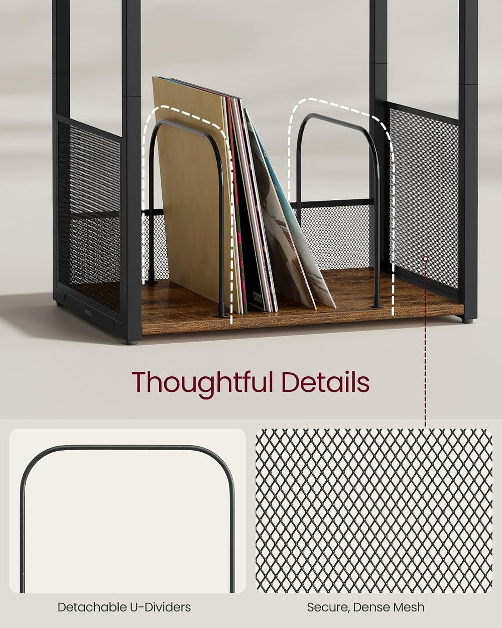 VASAGLE 3-Tier Record Player Stand, Vinyl Record Storage up to 100 Albums