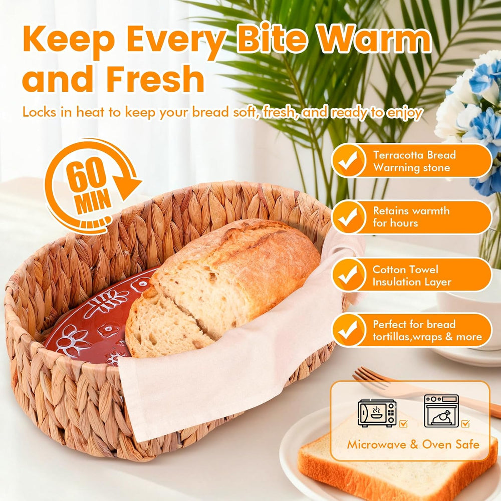 Bread Basket with Warming Stone and Cloth -Terra Cotta Bread Warmer, 12.7 * 8...