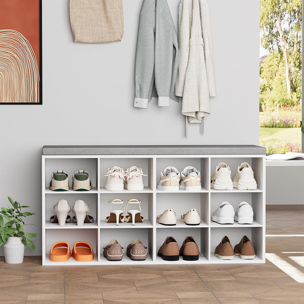 Aenuert 12-Cubby Shoe Rack with Cushion, 3-Tier Wood Shoe Organizer, Multifun...