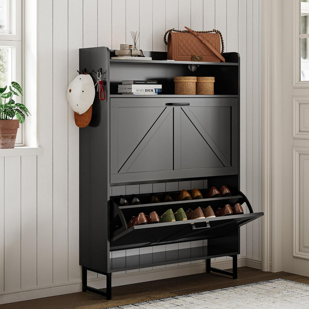 Wodeer Shoe Storage Cabinet with 2 Flip Drawers, Narrow Wood Shoe Cabinet Sto...