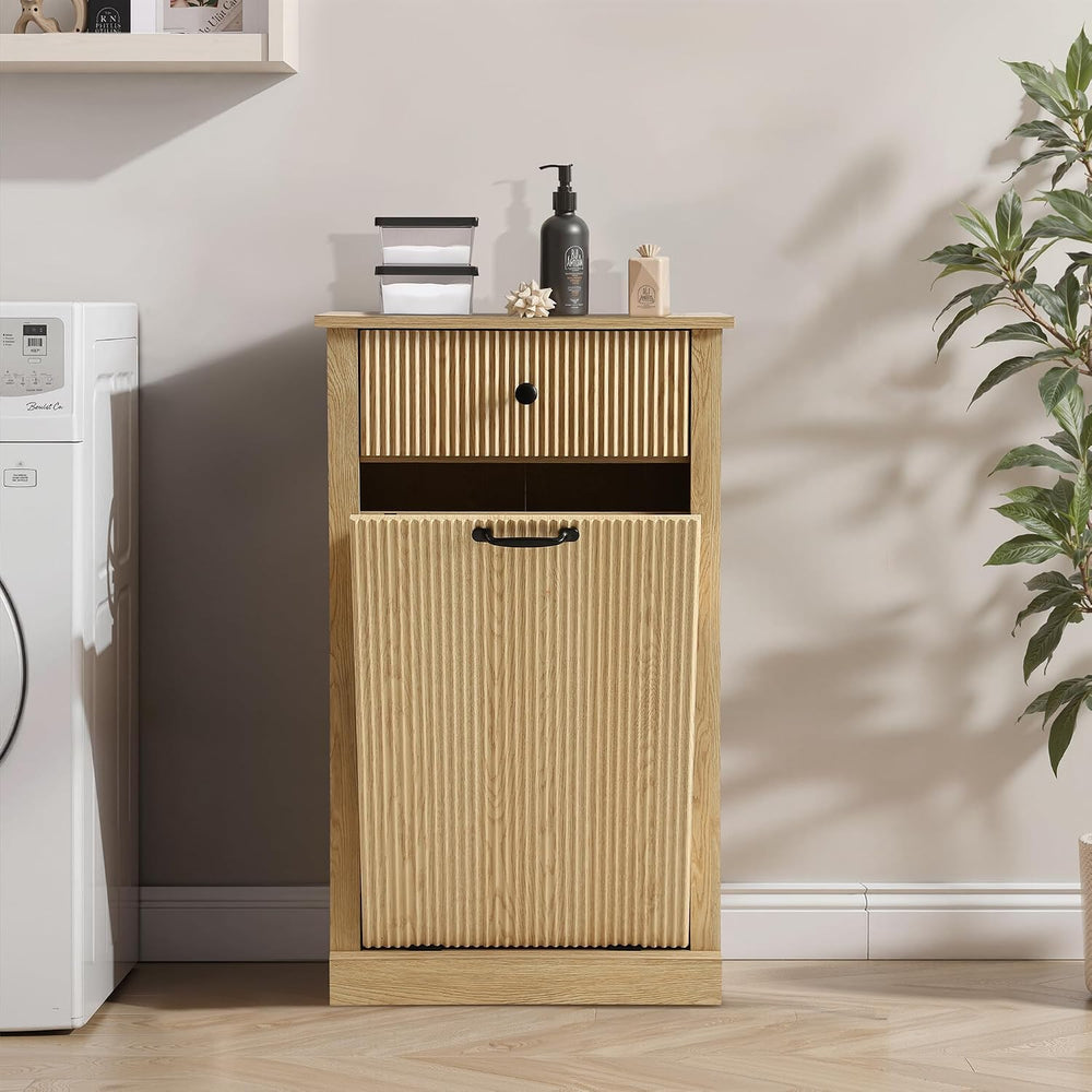 Wood Laundry Basket Cabinet, Hidden Trash Can Cabinet with Drawer, Versatile ...