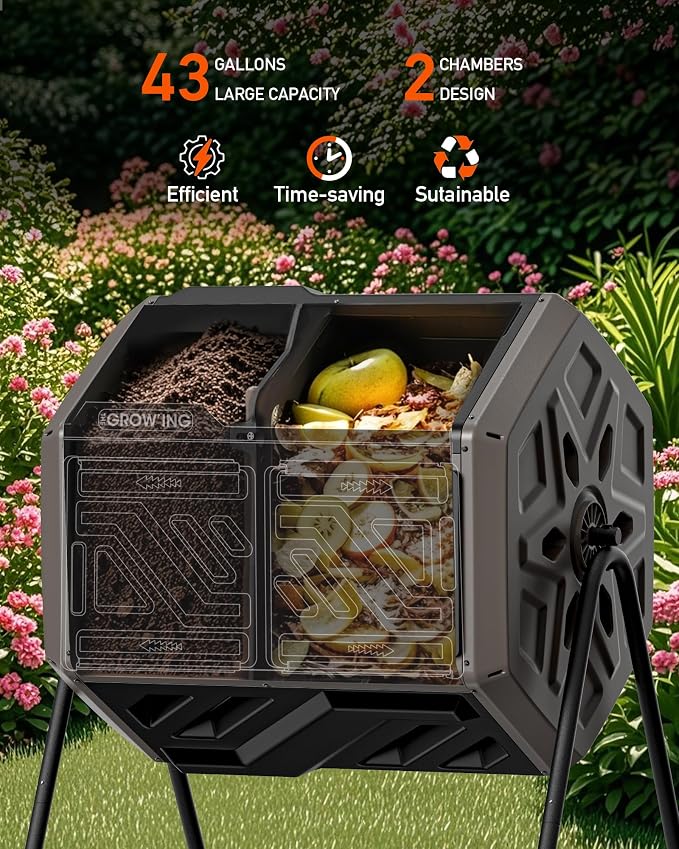 THEGROW'ING Updated 43 Gallon Compost Bin Outdoor, Fast Assemble Tumbling