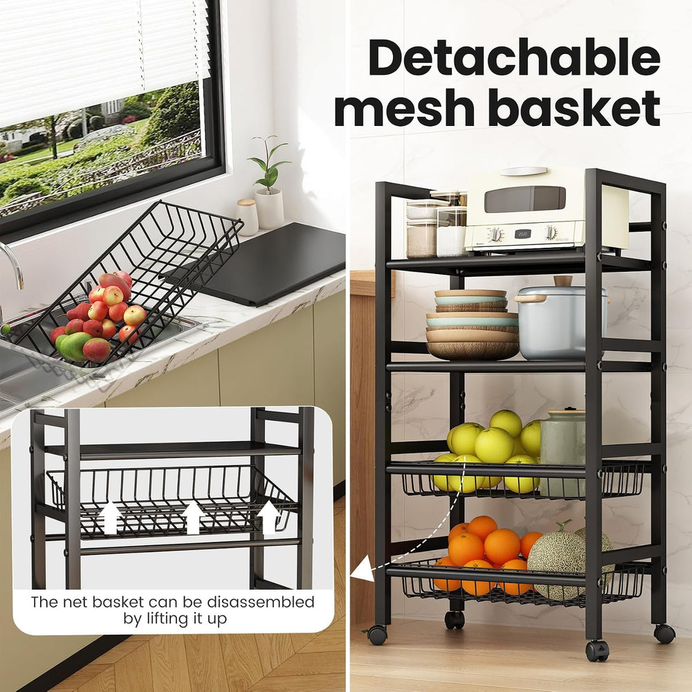 4-Tier Rolling Metal Storage Cart Mobile Organizer with Removable Grid Basket...