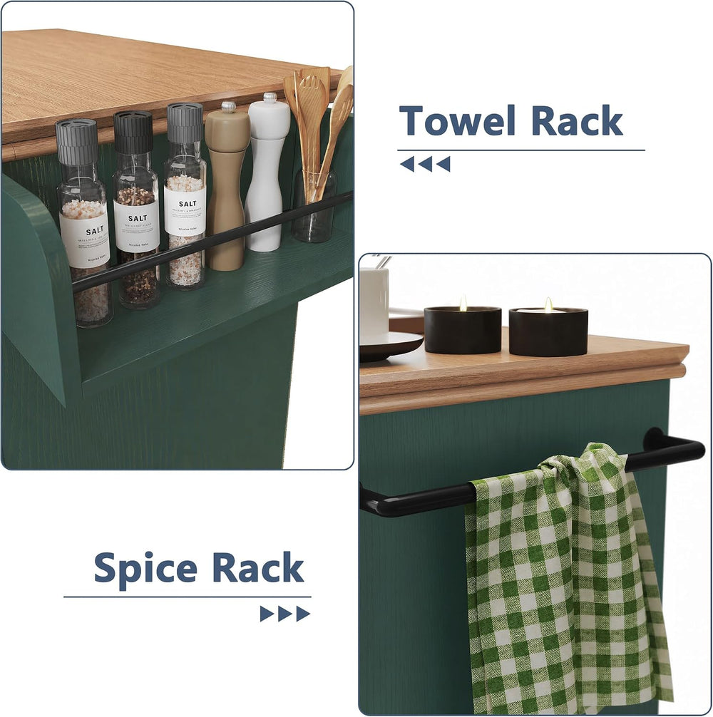 26'' Small Kitchen Island, Vintage Wood Kitchen Cart on Wheels, Green