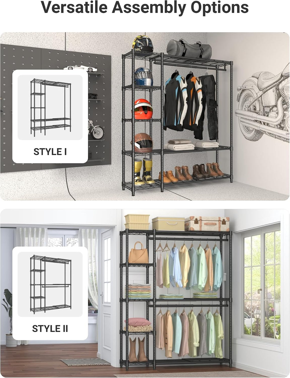 Expandable Clothes Rack with Shelves for Heavy Duty Closet Organizer System