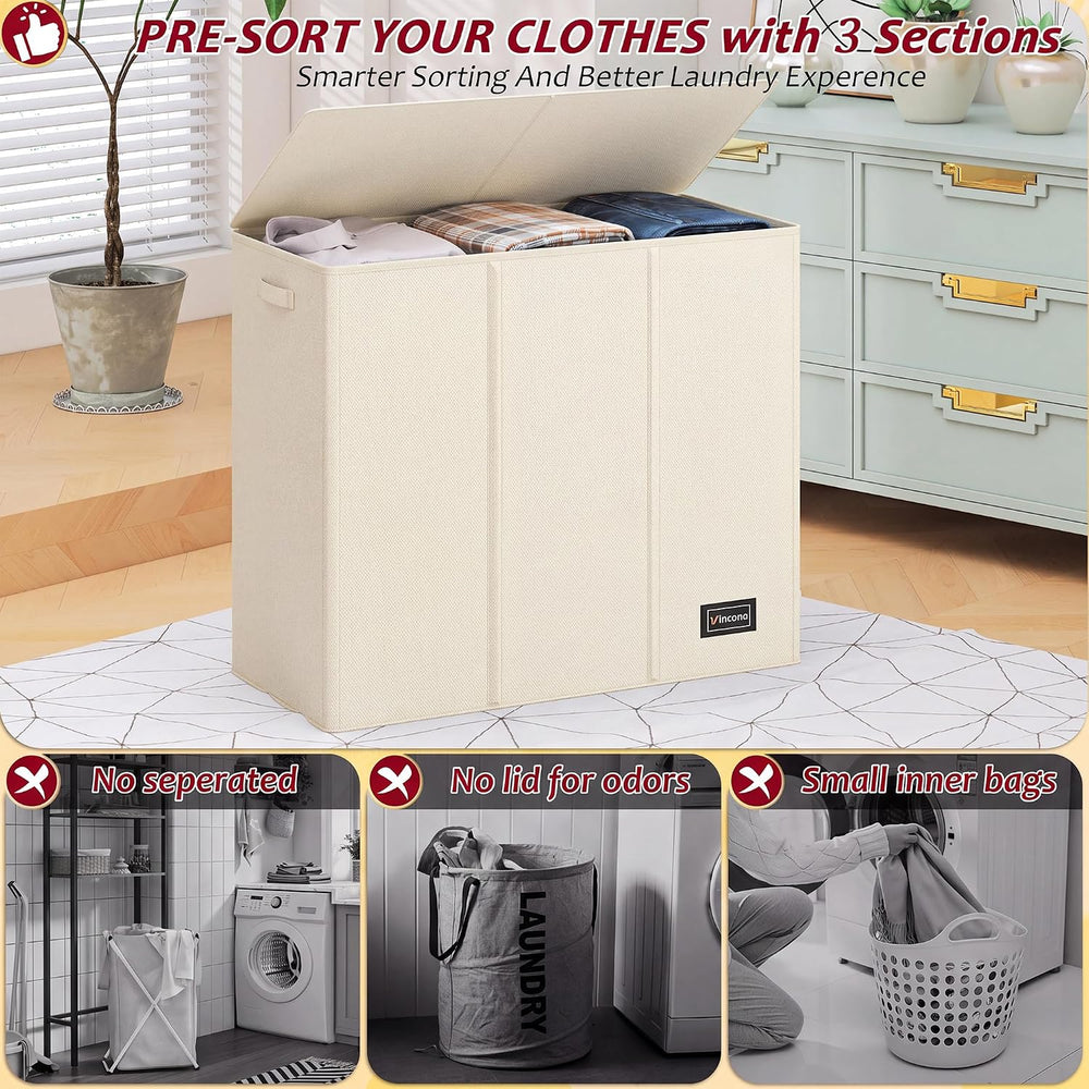220L Laundry Hamper 3 Section,Large Laundry Hamper with Lid,Dirty Clothes Ham...