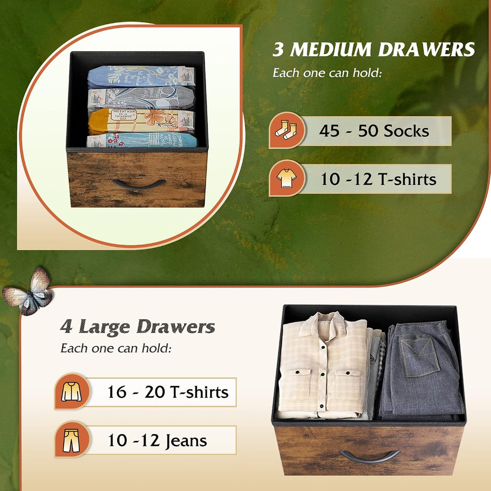 WLIVE Dresser for Bedroom, 7 Drawers, TV Stand, Rustic Brown Wood Grain