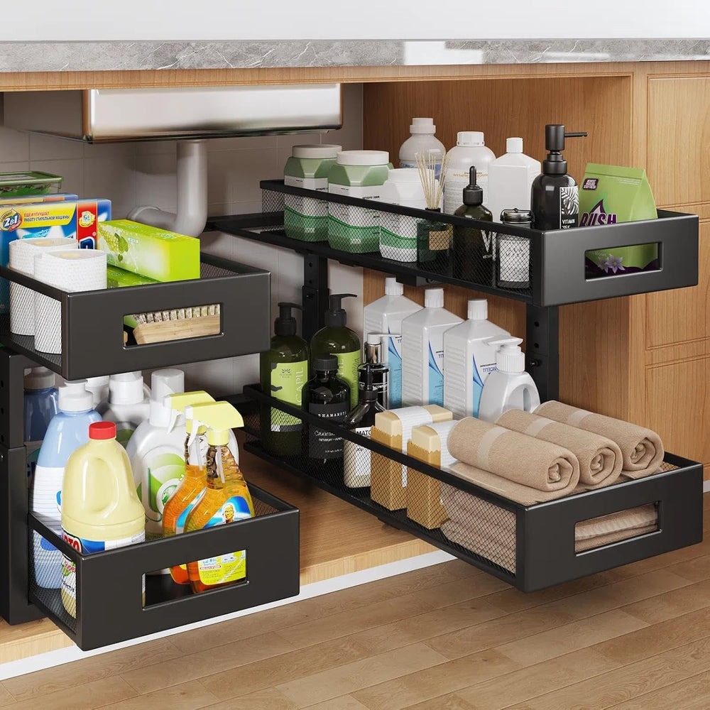 2 Packs 21IN Depth Under Sink Organizer, 2-Tier Pull Out Cabinet Organizer Wi...