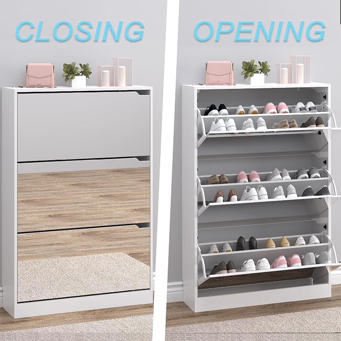 Shoe Cabinet with 3-Flip Mirror Drawers, Freestanding Shoe Rack Organizer with