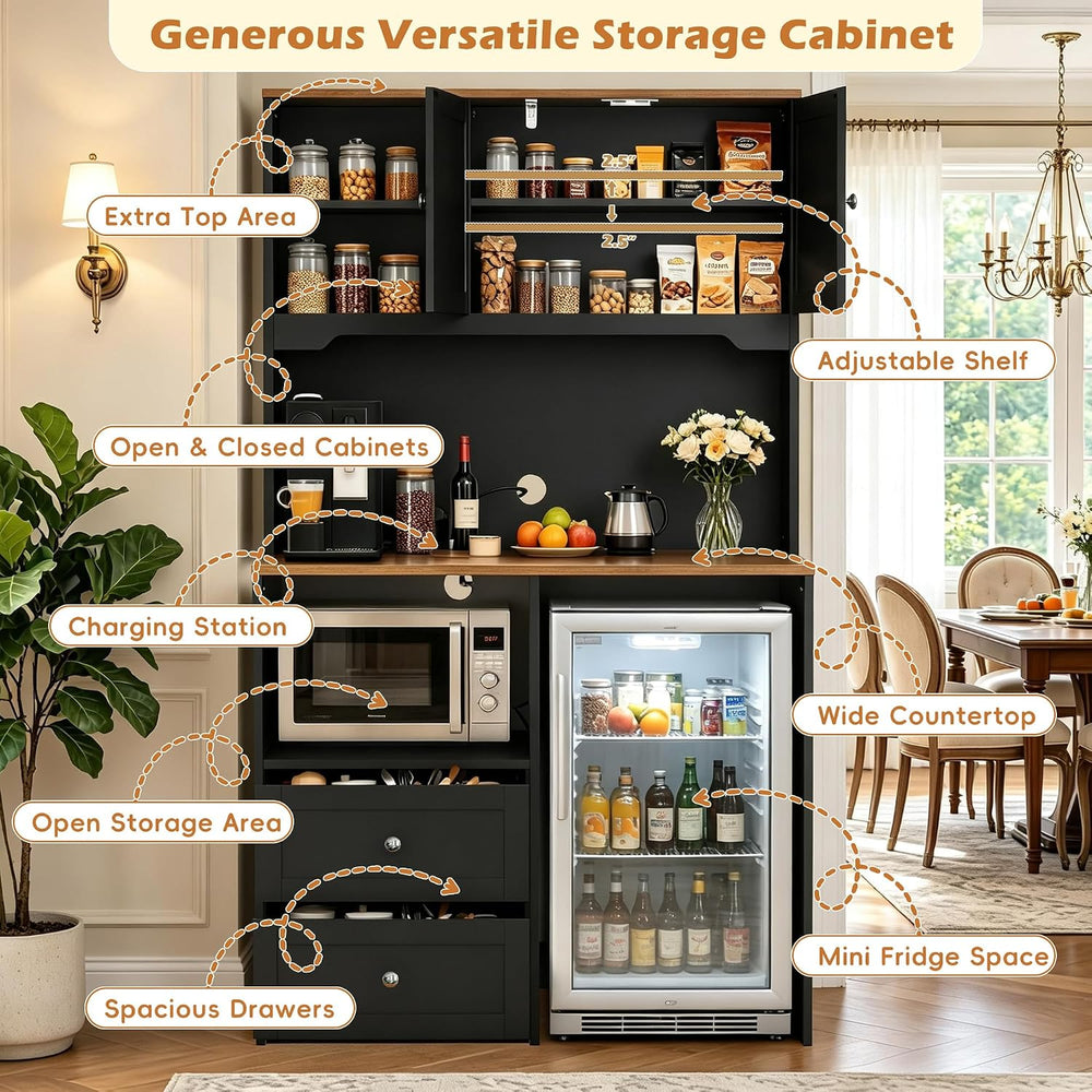 72" Kitchen Pantry Storage Cabinet with Fridge Space, Black