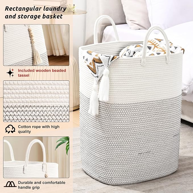 Woven Laundry Basket for Clothes, 80L Large Rectangle Laundry Hampers