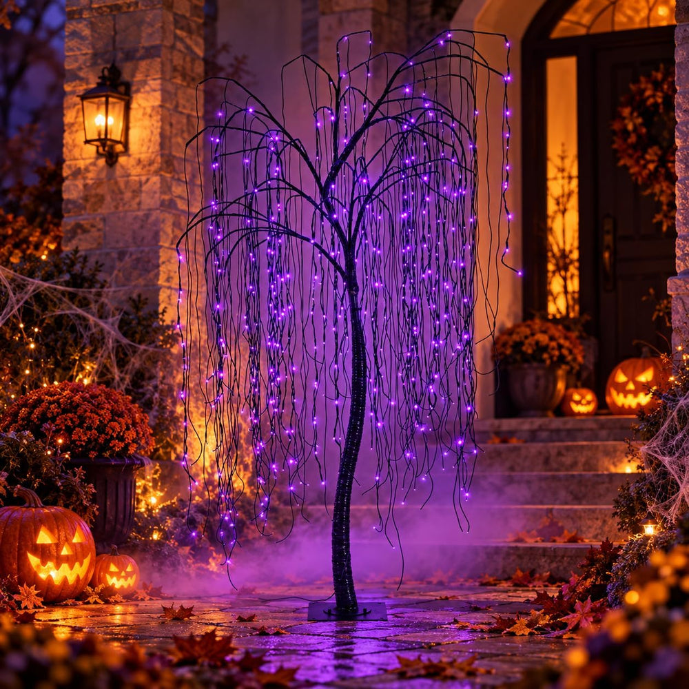 7 FT Halloween Lighted Willow Tree 256 LED Purple Lights Artificial Weeping W...