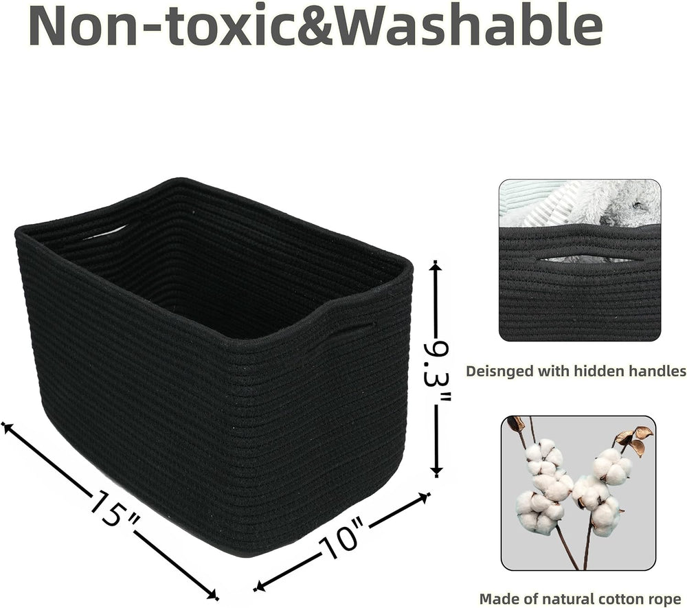 XUANGUO Woven Cotton Rope Storage Baskets 15x10x9.3" 3 Pack Black