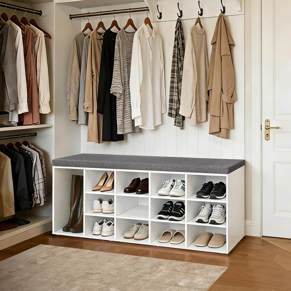 DINZI LVJ Shoe Storage Bench with Cushion, 15-Cubby Shoe Rack with Seat