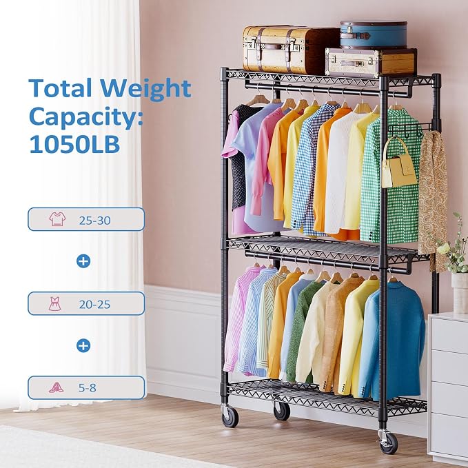IZEUK 3 Tier Heavy Duty Rolling Garment Rack Wire Clothes Rack