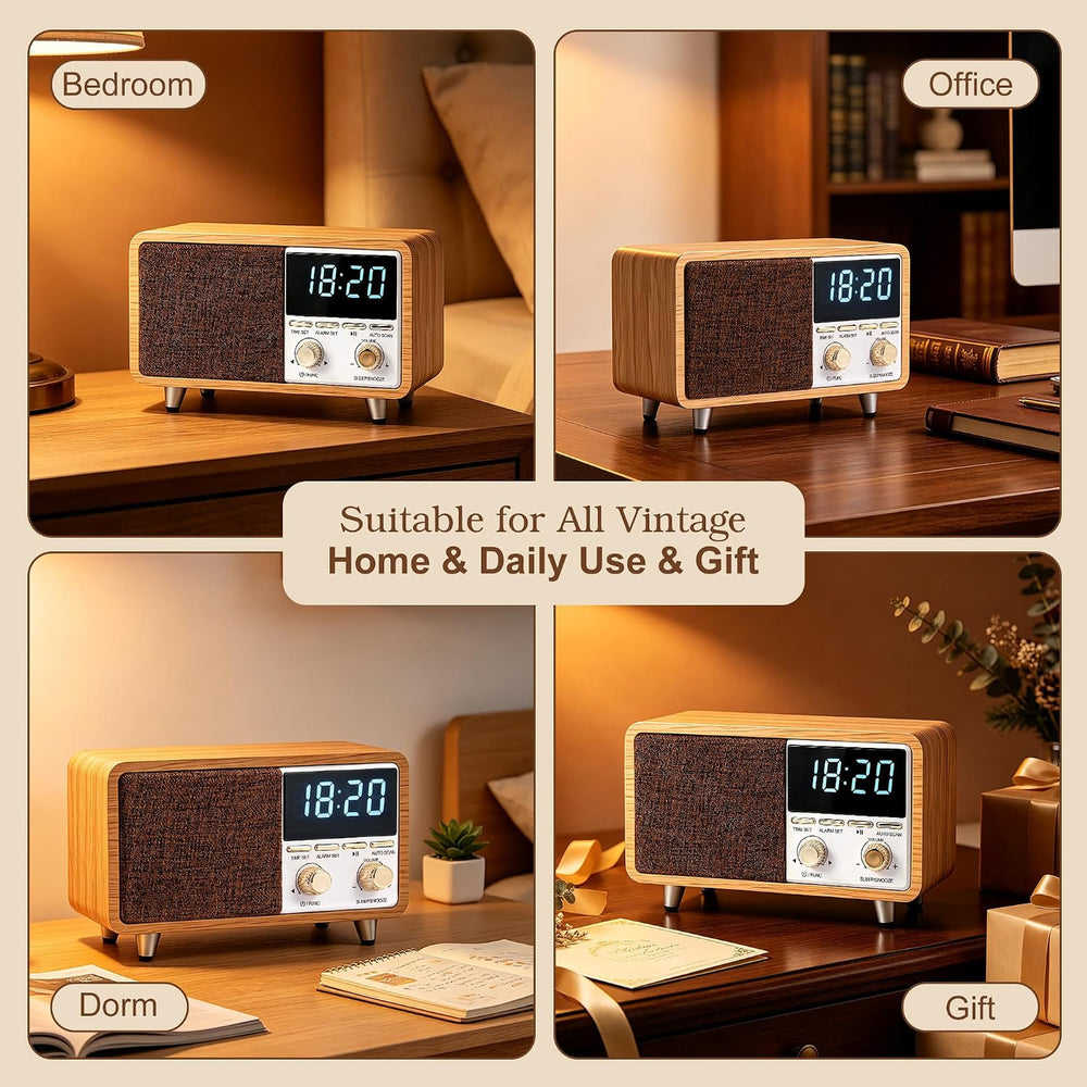 Portable Retro Radio Alarm Clock, Bluetooth Speaker with FM Radio