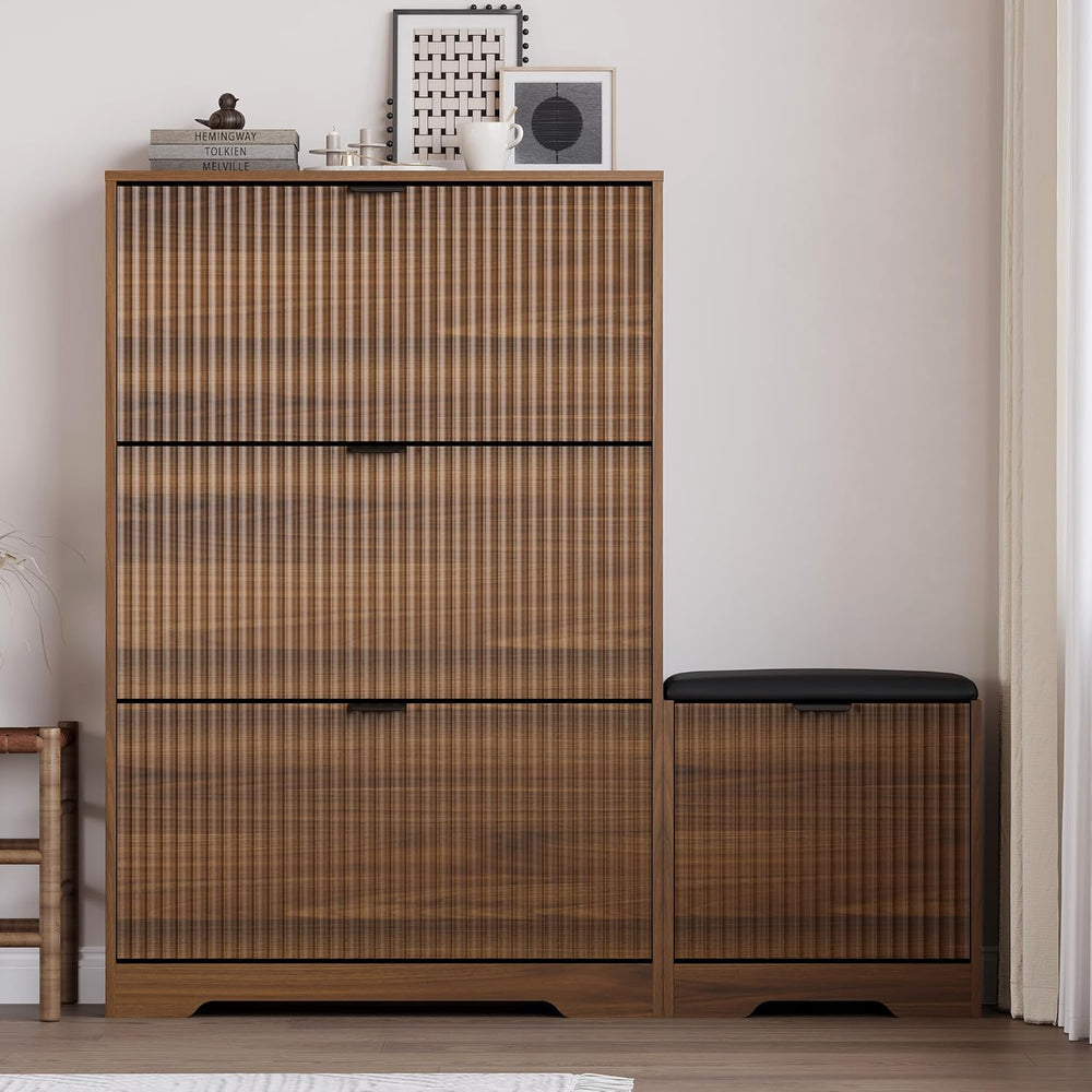 BORNOON Slim Shoe Cabinet with Bench for Entryway, Hidden Storage and Adjusta...