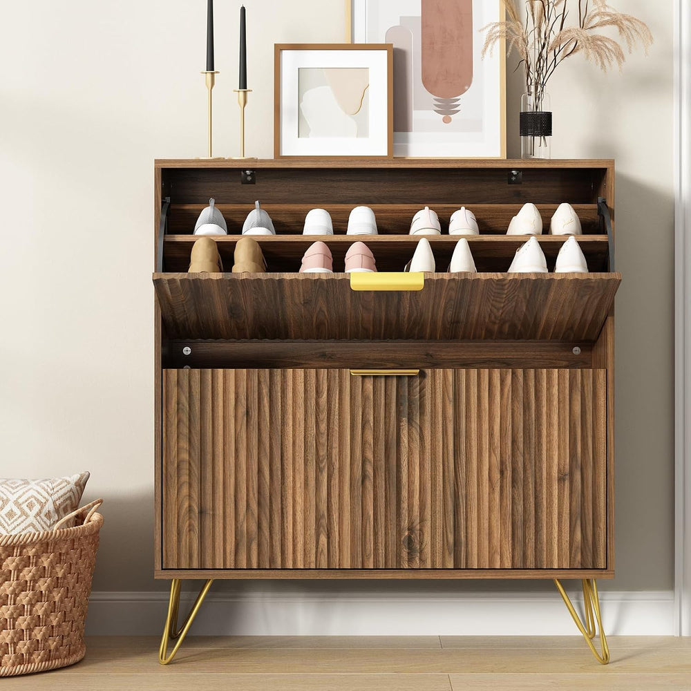 34.4" H Fluted Shoe Storage Cabinet with 2 Flip Drawers for Entryway, Wa...