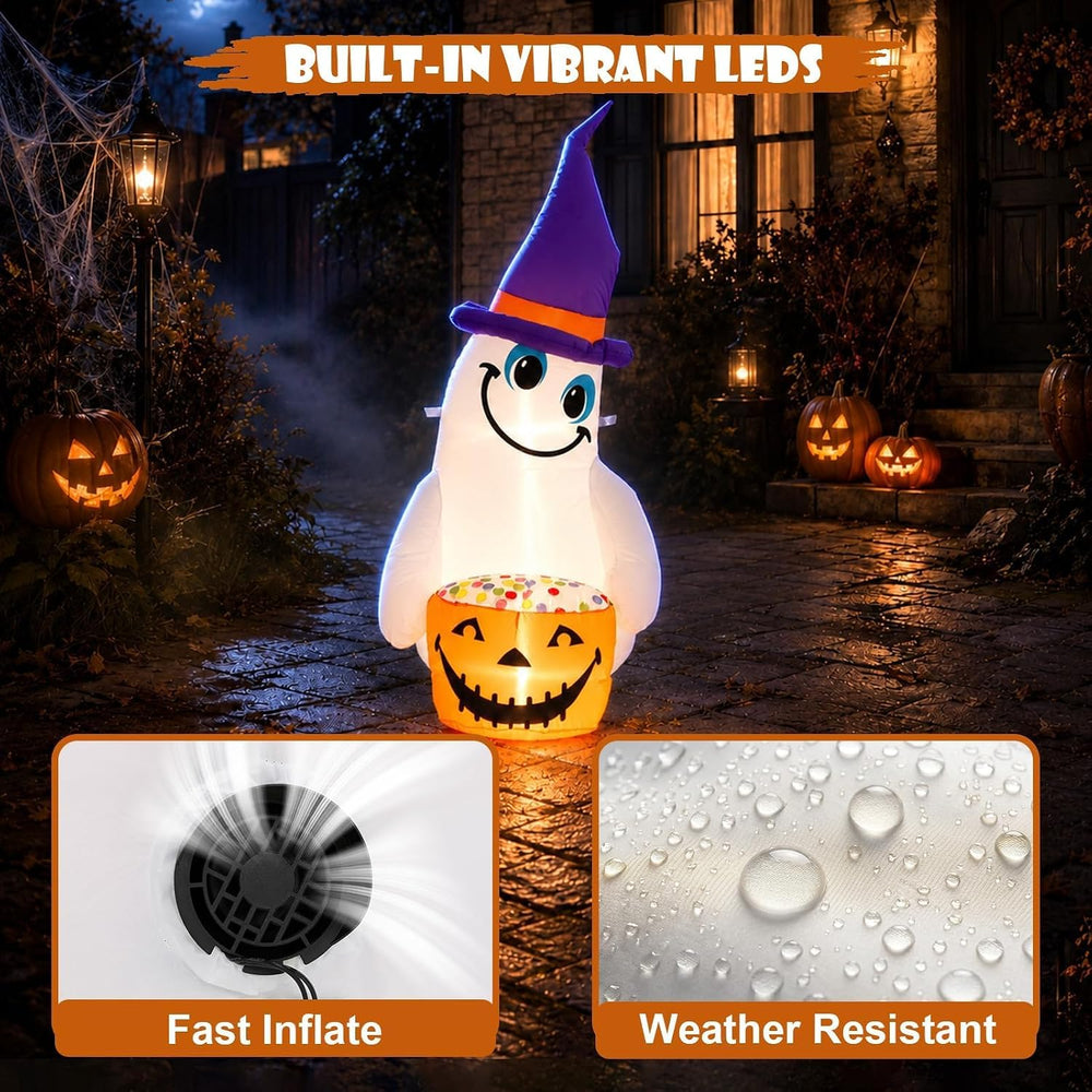 4FT Halloween Inflatable Outdoor Decorations, Blow Up Cute Ghost with Witch H...