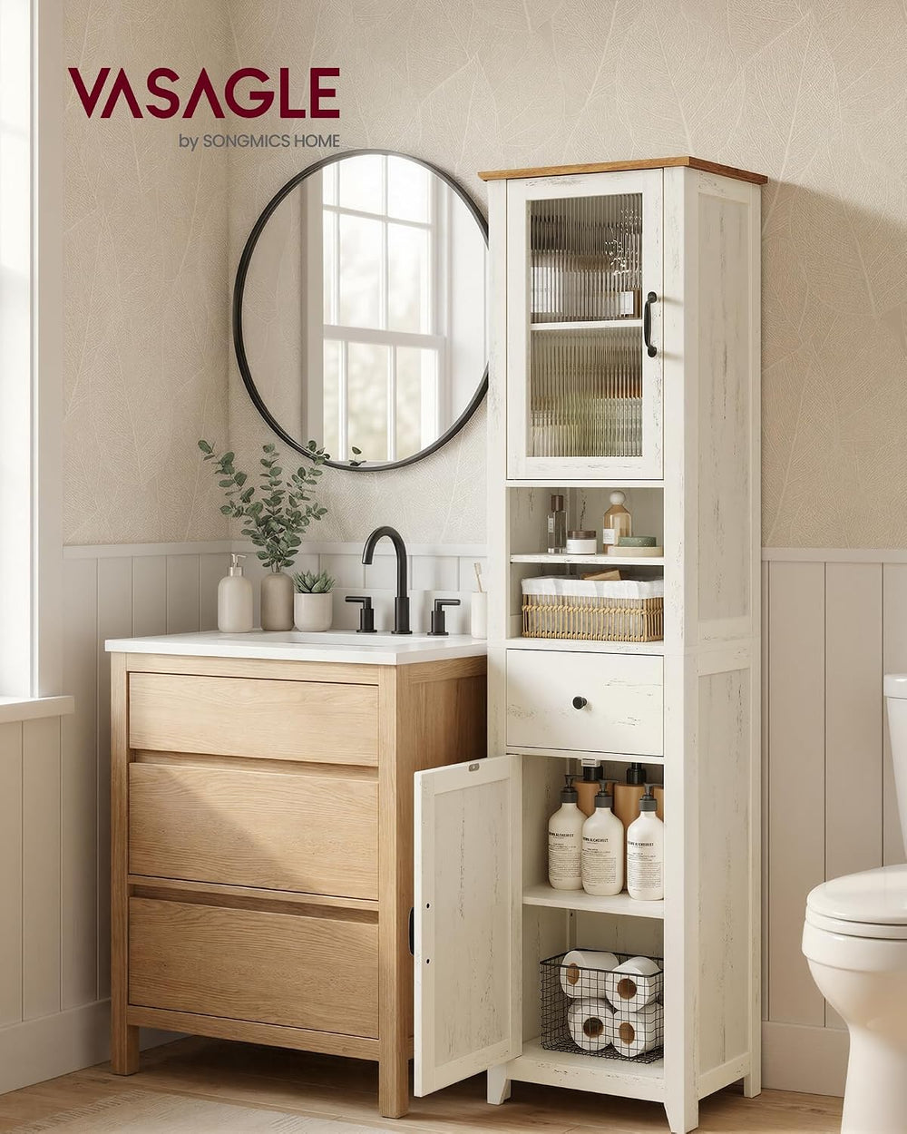 VASAGLE Tall Bathroom Cabinet, Narrow Space Saver, 15.7 x 12.4 x 67.3 inch