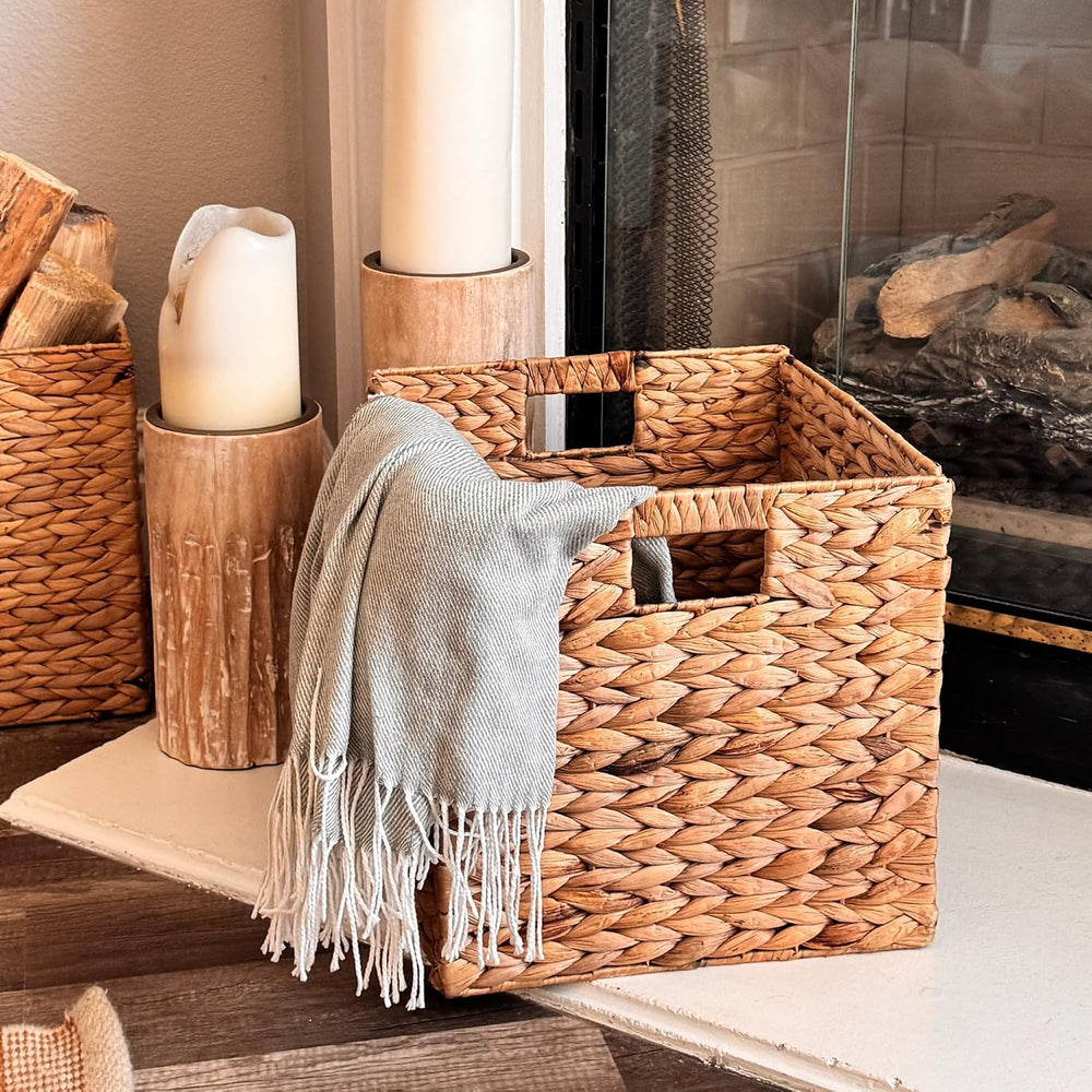 6 Hand-Woven Wicker Storage Baskets 13x11x11in, Water Hyacinth Shelf Bins