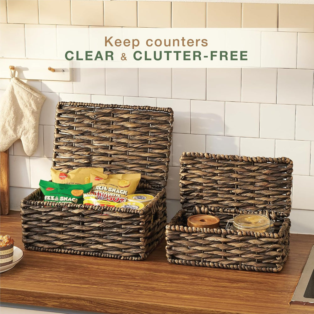 Set of 2 Black Wicker Baskets with Lid