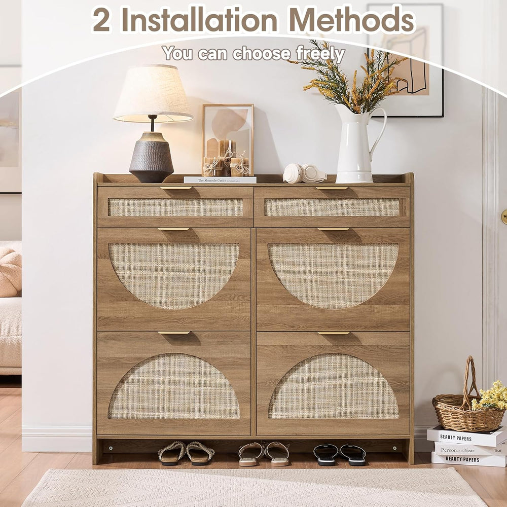 Rattan Shoe Storage Cabinet with 4 Flip Drawers & 2 Drawers, Freestanding...