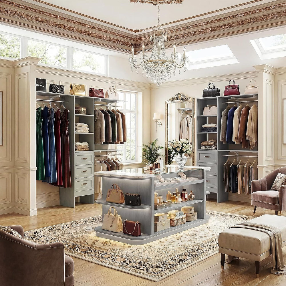 8FT Closet System with 3 Curved Drawers, 96'' Wooden Walk-in Closet O...
