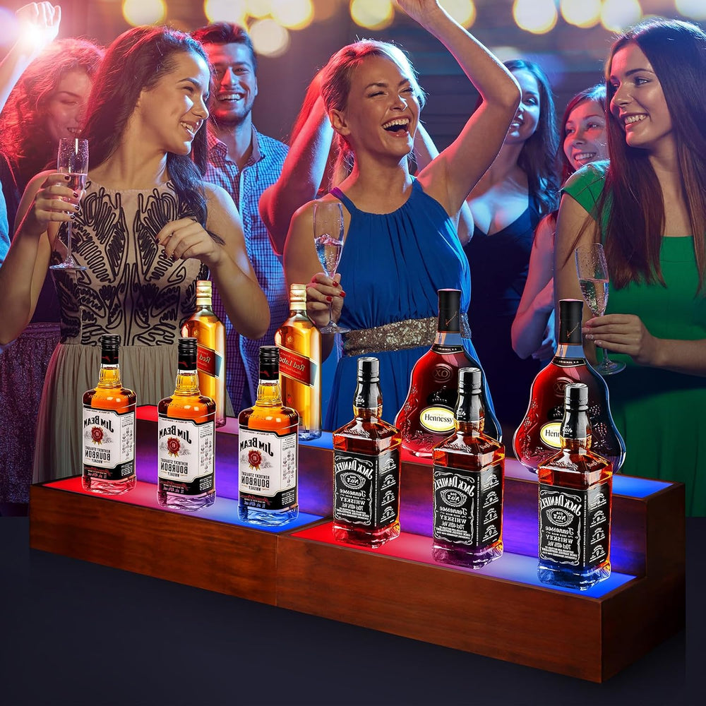 2 Pack LED Liquor Bottle Display Shelf , 2 Tier Real Wood Bar Shelves for Liq...