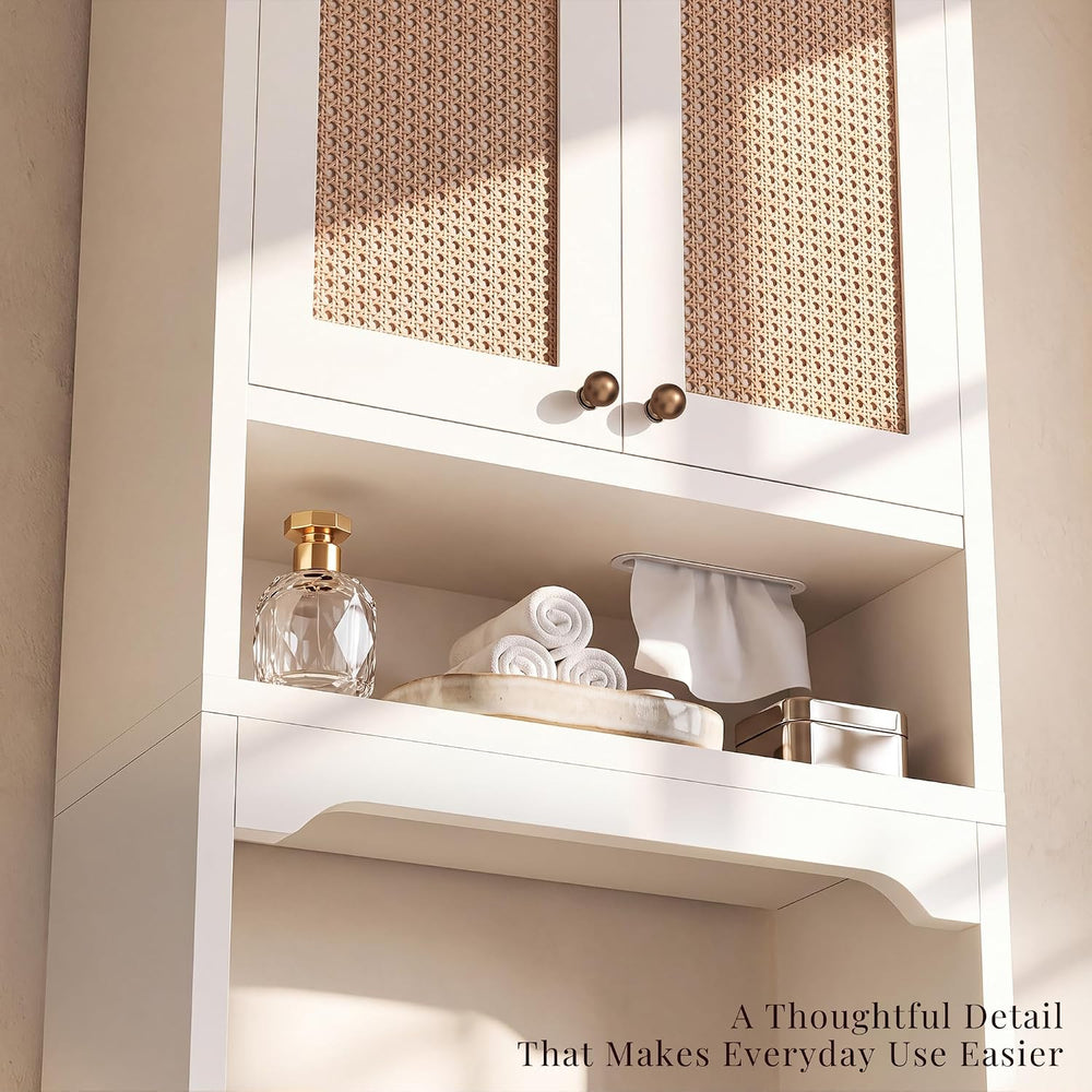 Over the Toilet Storage Cabinet with Rattan Door & Adjustable Shelf, White