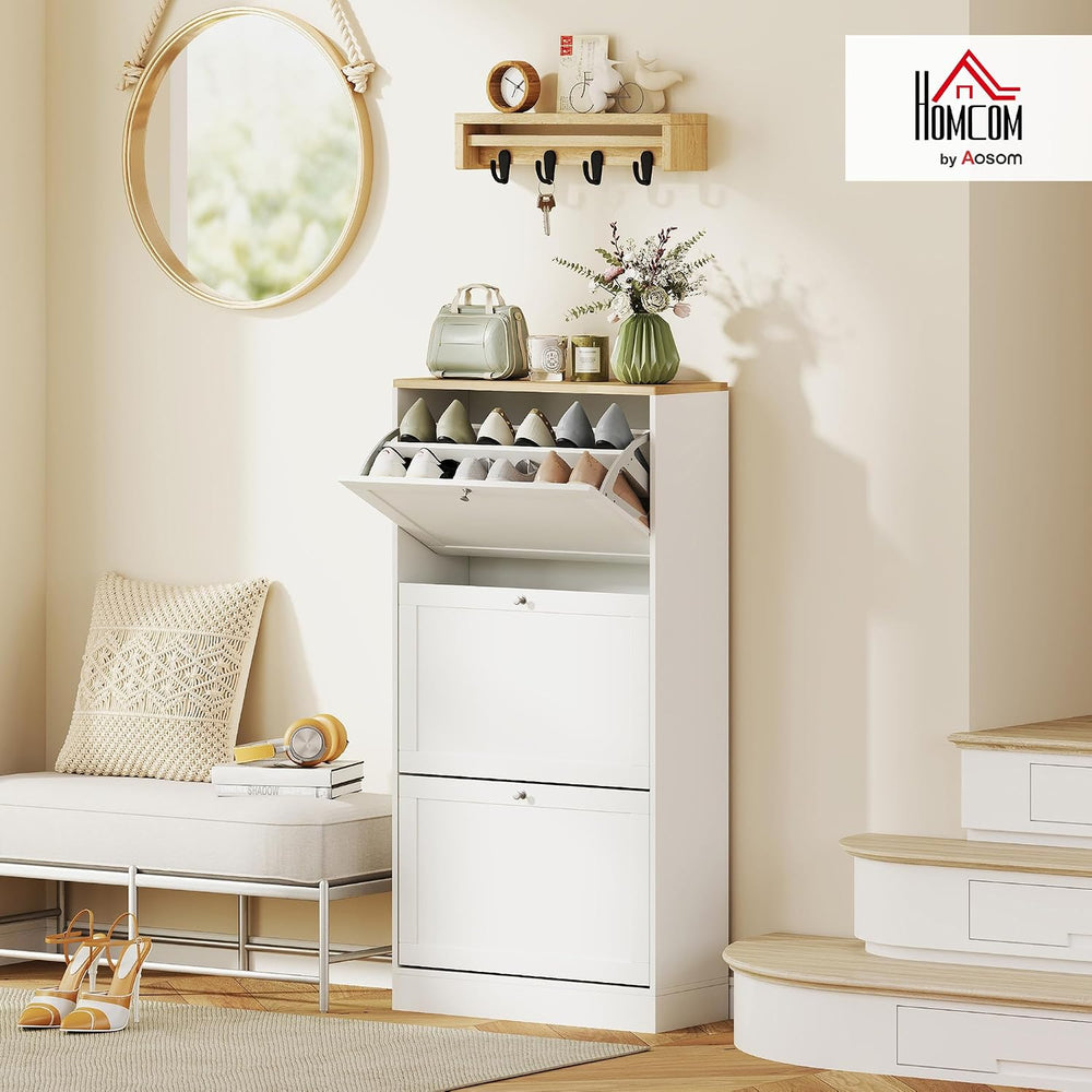 HOMCOM Shoe Storage Cabinet with 3 Flip Drawers, Adjustable Shelves, White