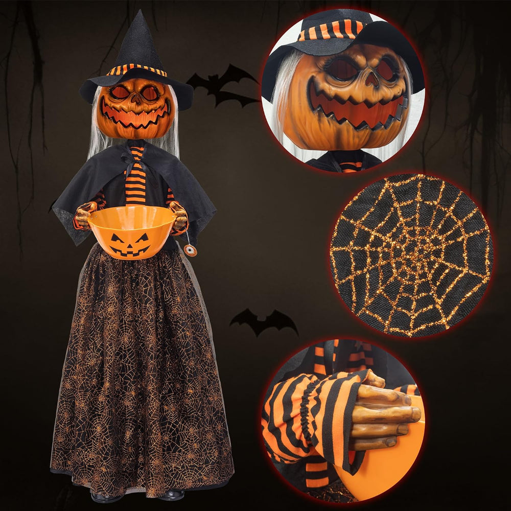 ITART 4.5ft Animated Pumpkin Scarecrow with Candy Bowl Prop Pumpkin Halloween...