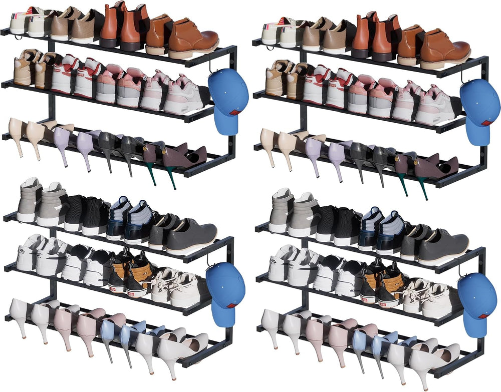 4 Pack Wall Mounted Shoe Rack, 3 Tier Hanging Shoe Rack Holds 48 Pairs, 17&qu...