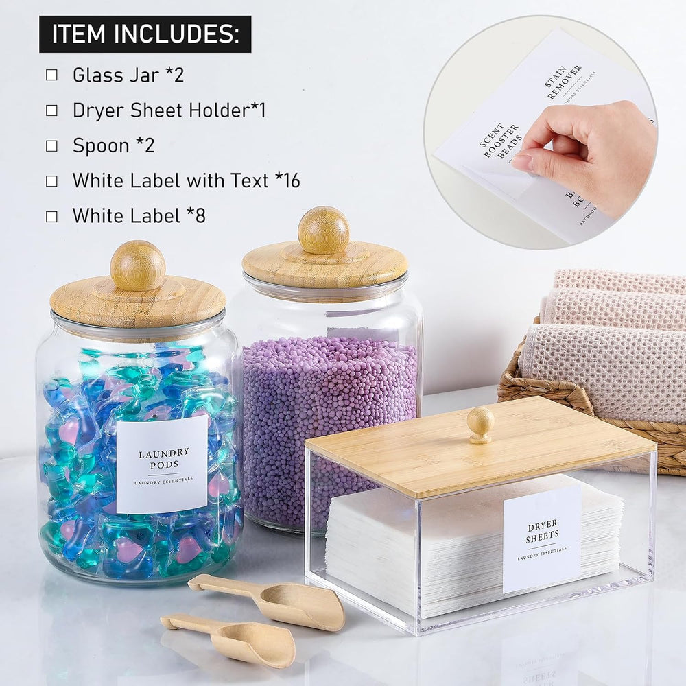 Glass Jars and Dryer Sheet Holder with Bamboo Lids, Dispenser Set and Labels,...