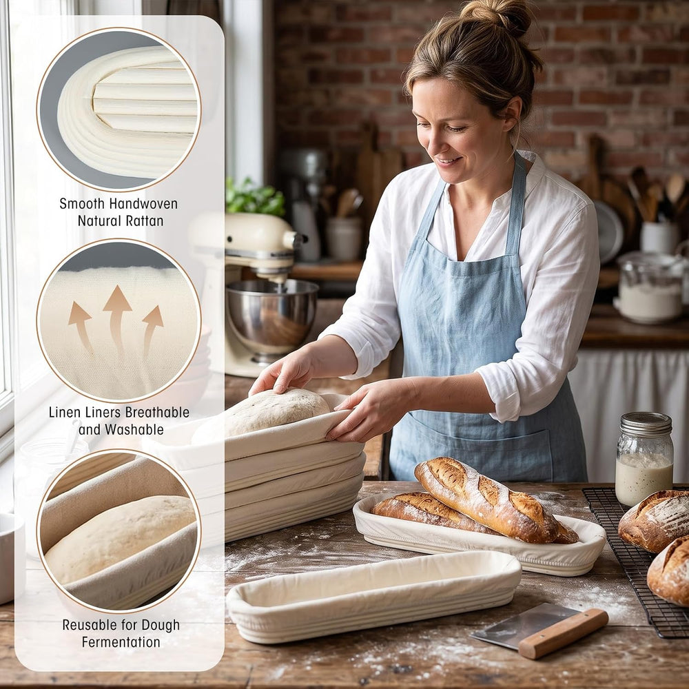 Vesici 17 Inches Baguette Banneton Proofing Basket with Linen Liner, 6 Pack