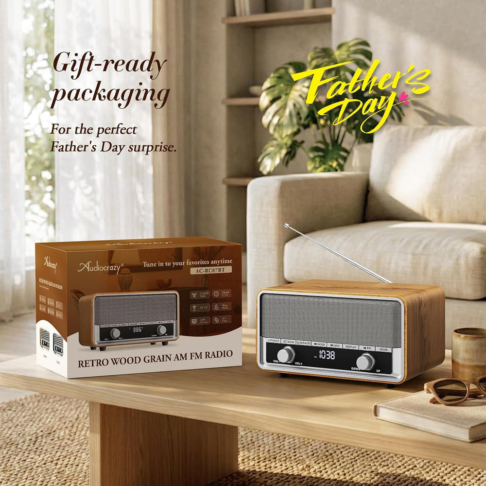 Vintage Wood AM FM Bluetooth Radio with Clear LCD Display