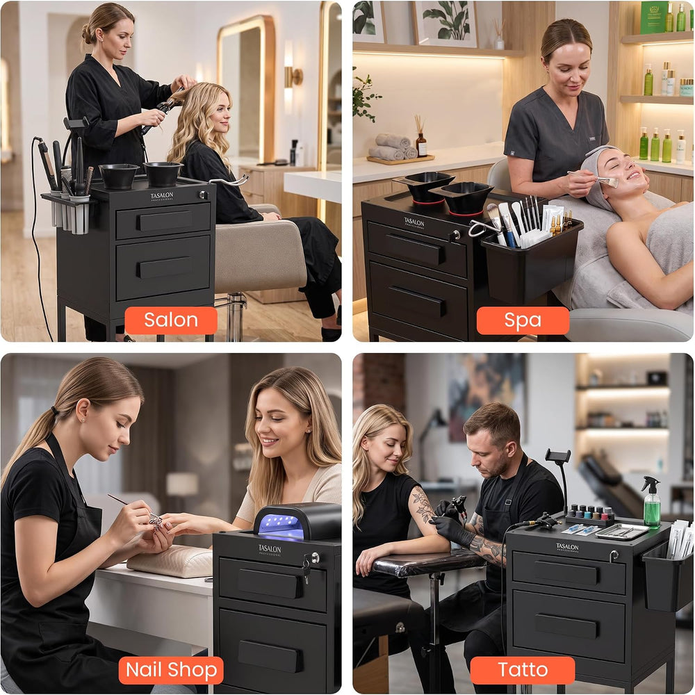 TASALON Metal Salon Trolley Cart with Wheels, 2 Drawers & 2 Magnetic Bowls