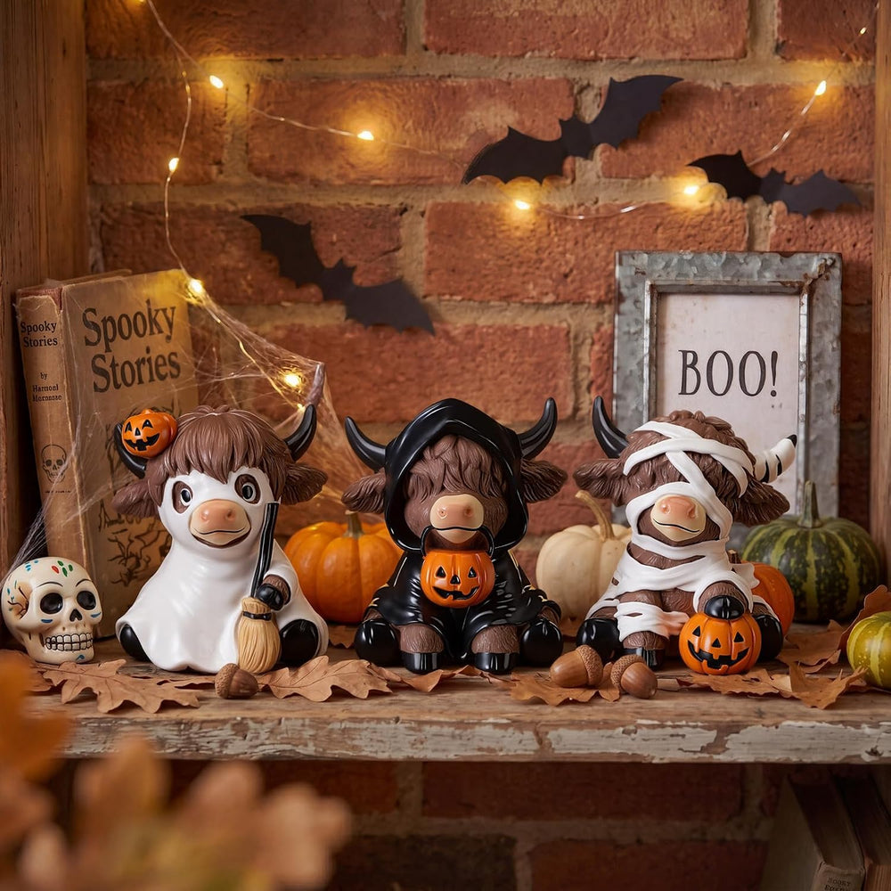 Karenhi 3 Pcs Halloween Highland Cow Figurines, Cute Spooky Ghost Decor