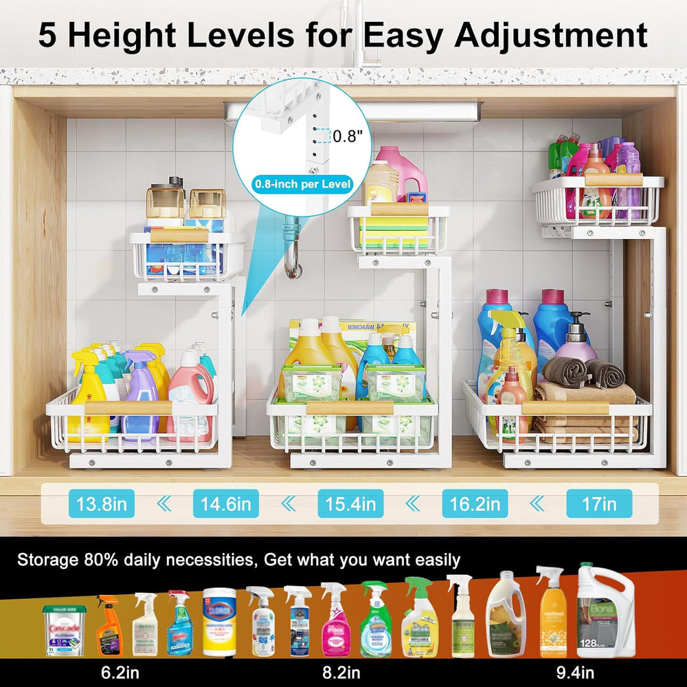 2 Pack Under Sink Organizer, 2-Tier Adjustable Height Slide Out Shelf,White