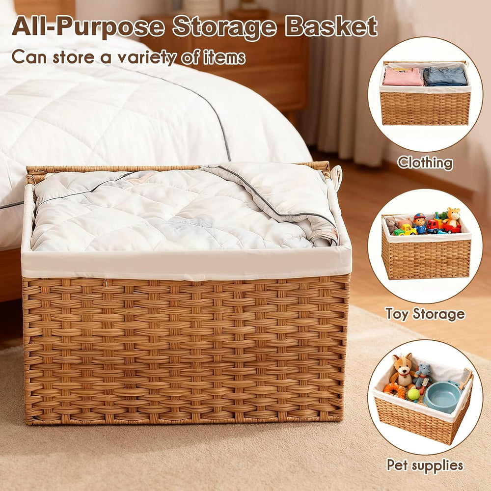 Storage Basket with Lid: Rattan Woven Storage Basket with 2 Separate Lids, 17...
