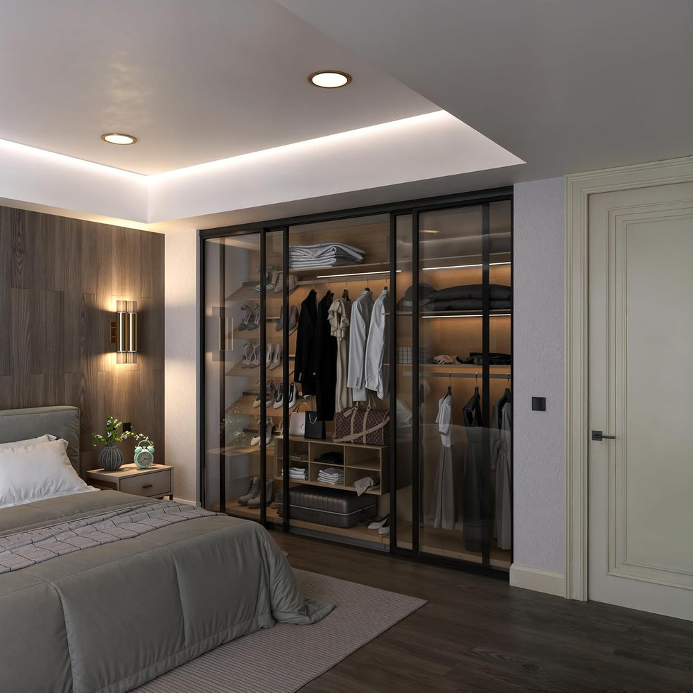 Door55 4 Panel Glass Sliding Closet Doors with Aluminum Frame, Silent Glide T...