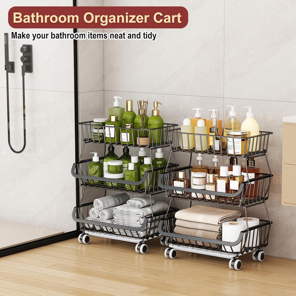 3-Tier Rolling Pantry Cart with Wheels, Stackable Wire Storage Floor Organize...