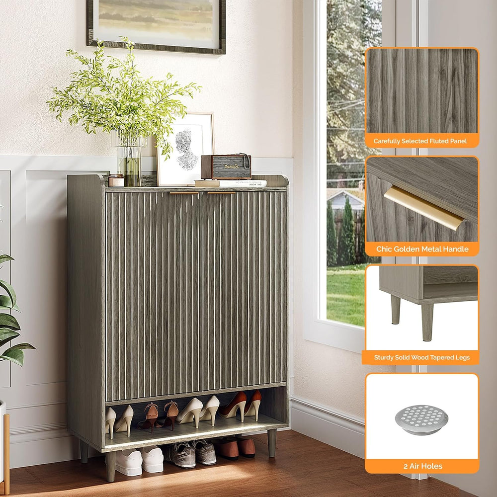 VINGLI Shoe Cabinet with Fluted Doors, 6 Tier Large Wooden Entryway Shoe Stor...