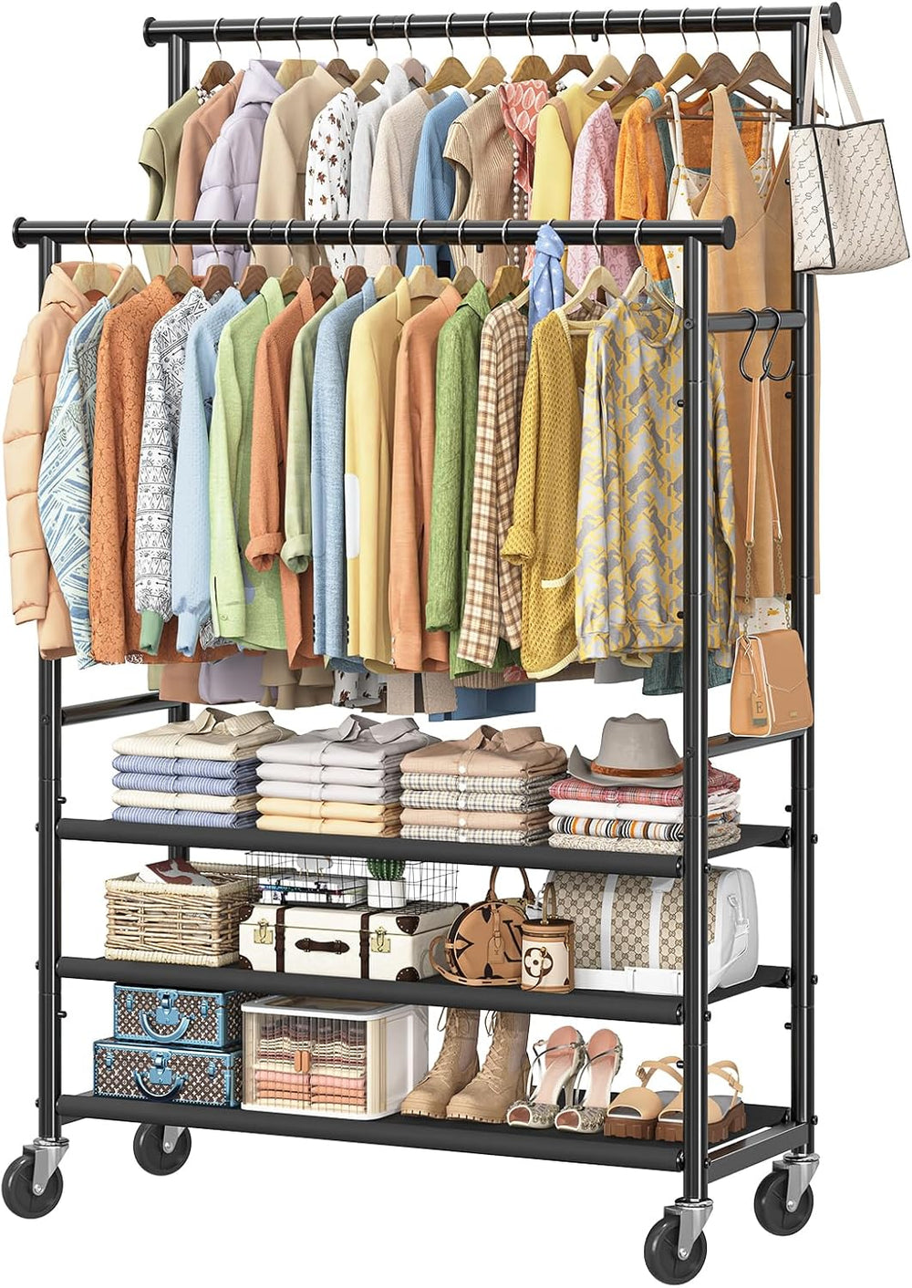 Ekisemio Double Rods Clothes Rack for Hanging Clothes, Rolling Clothing Rack ...