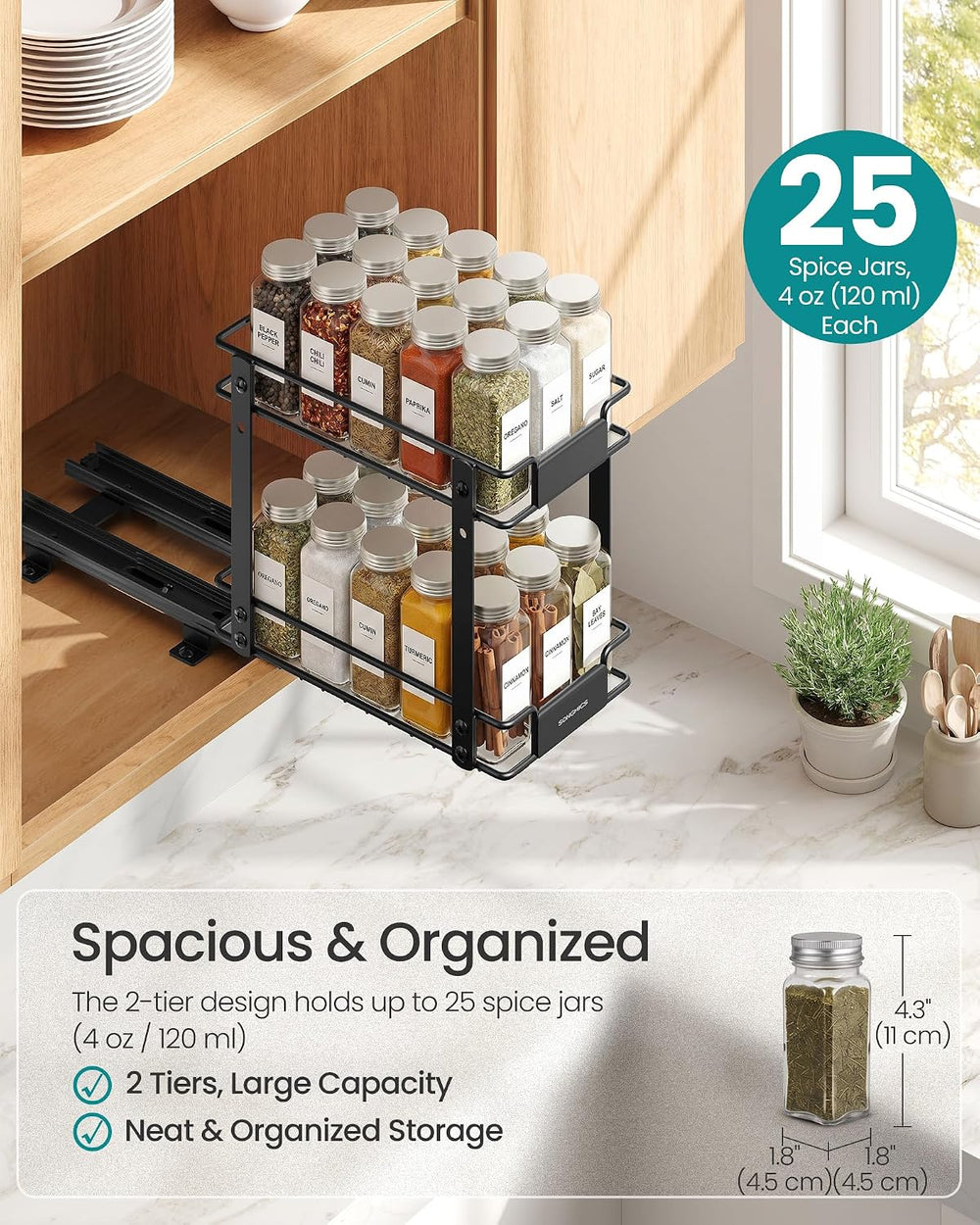 SONGMICS Spice Rack Organizer for Cabinet, Pull Out 2 Tier Thick Steel