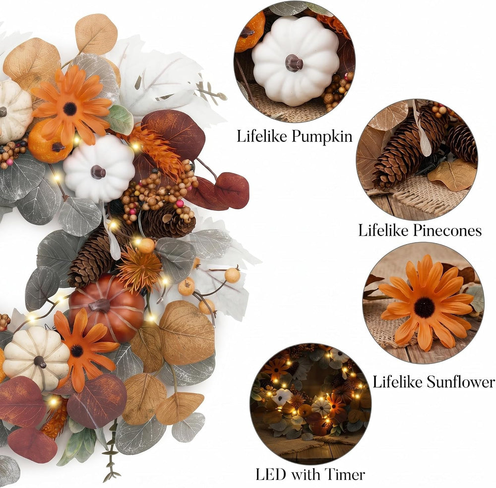 Valery Madelyn Fall Halloween Wreath with Lights for Front Door 18"