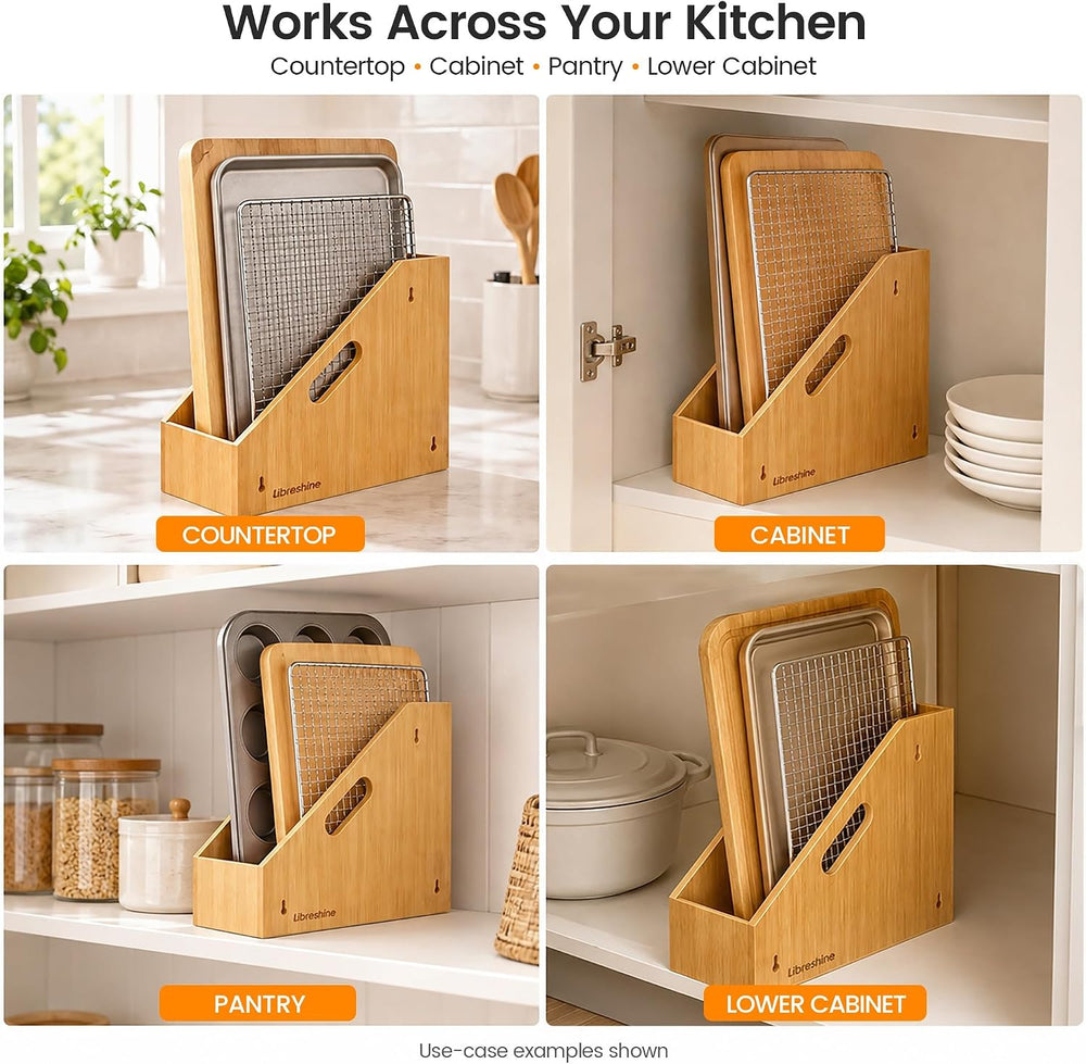 Slim Bamboo Cutting Board Holder & Baking Sheet Organizer