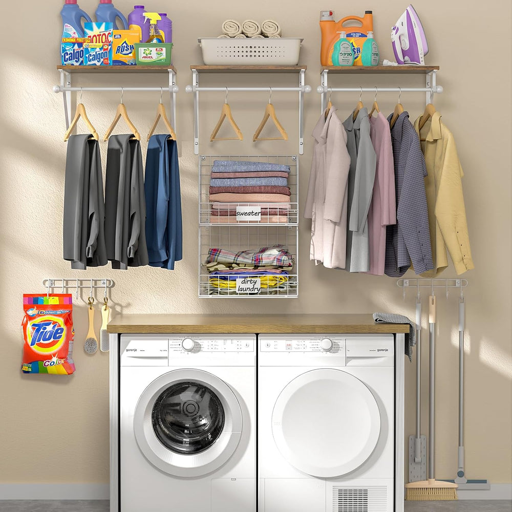 DAOUTIME 2 Set Laundry Room Wall Mounted Shelves With Wire Storage Baskets, O...