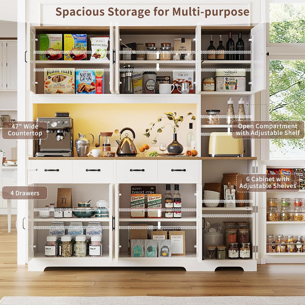 71" Tall Kitchen Pantry with LED Lights & Charging Station, Farmhous...
