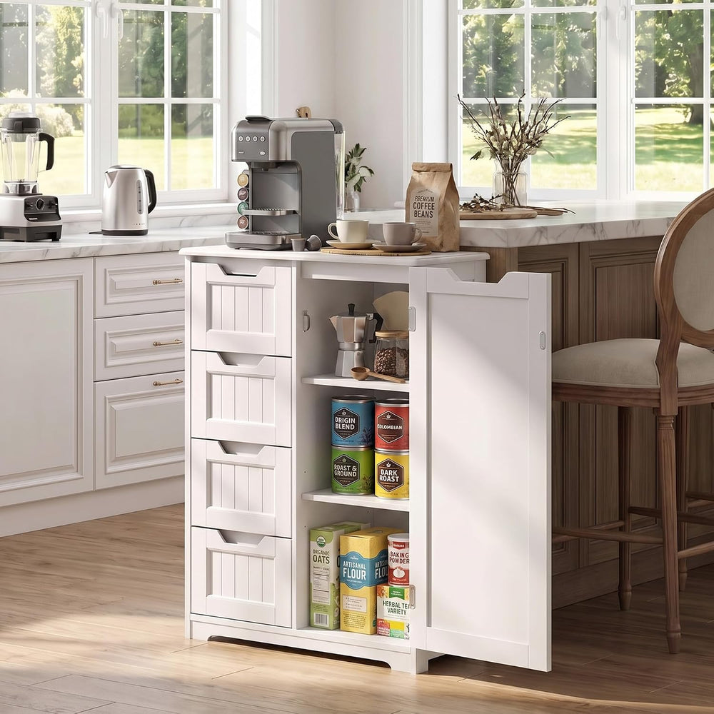 Gizoon Small Coffee Bar Cabinet with 4 Drawers and Door, White